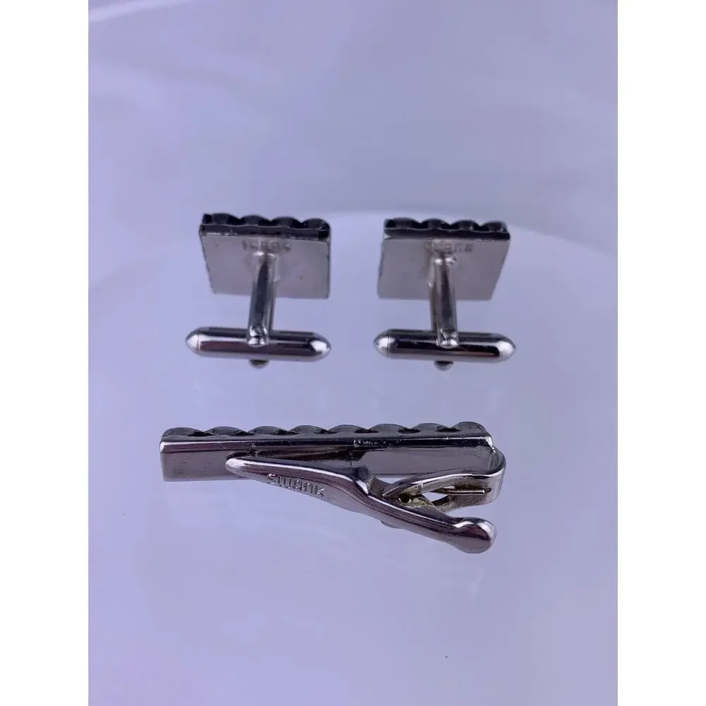 Modernist Scroll Twist Silver Tone Cufflinks Tie Clip Swank Geometric Vintage